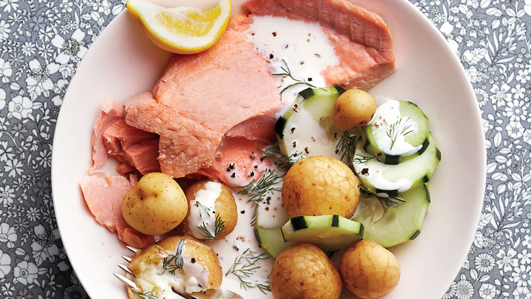 Poached Salmon With Potatoes, Cucumber & Buttermilk-Dill Dressing