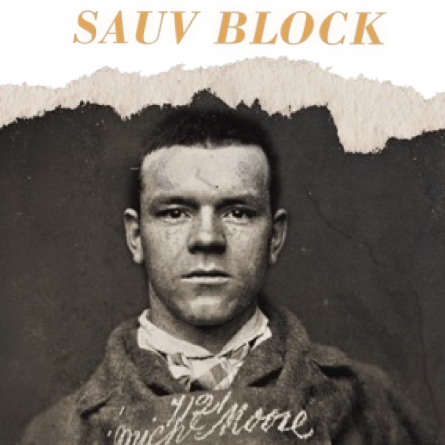 19 Crimes Sauv Block wine label with old ripped photo of Michael Moore